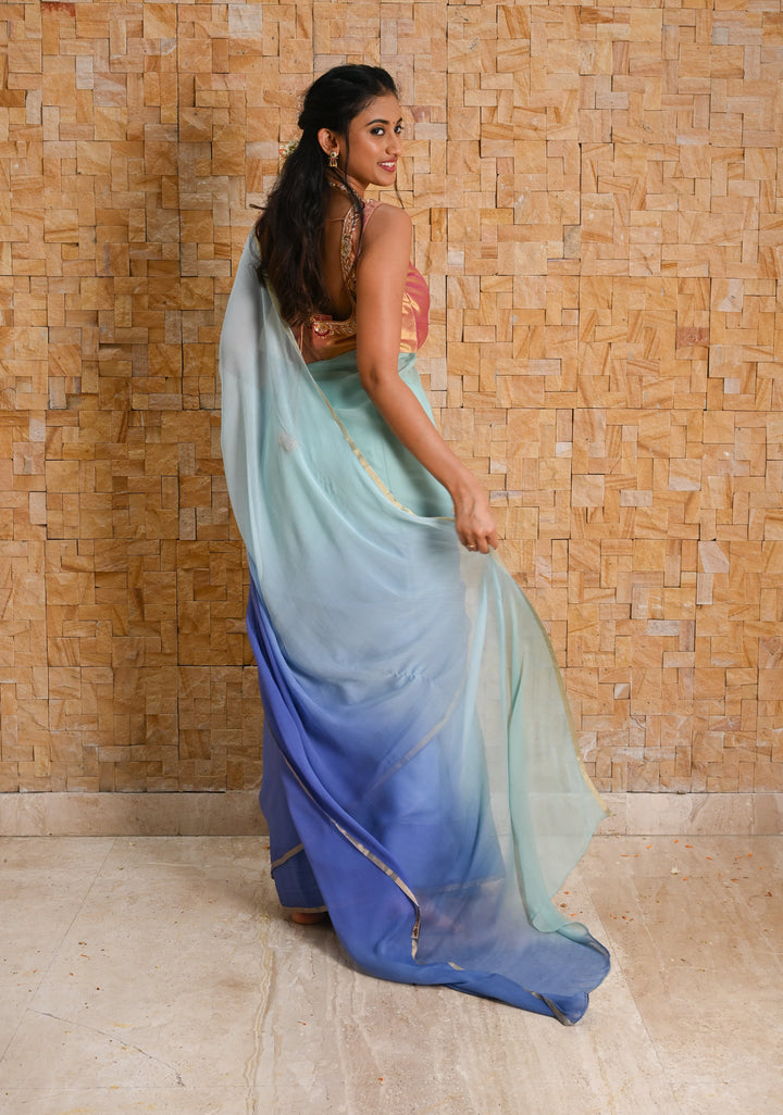 Bollywood style ombre pure chiffon Saree in Steel Blue and Ice Blue, No Blouse Piece