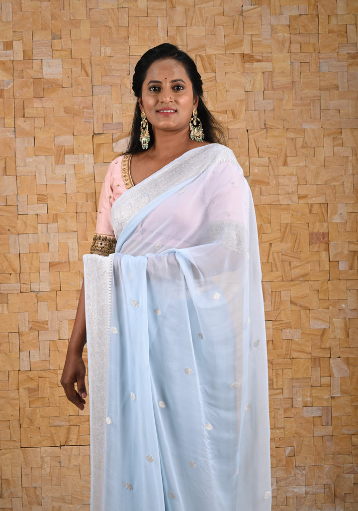 Powder Blue Pure Chiffon Silk Saree with Silver tone Zari Buttas and Border | SILK MARK CERTIFIED