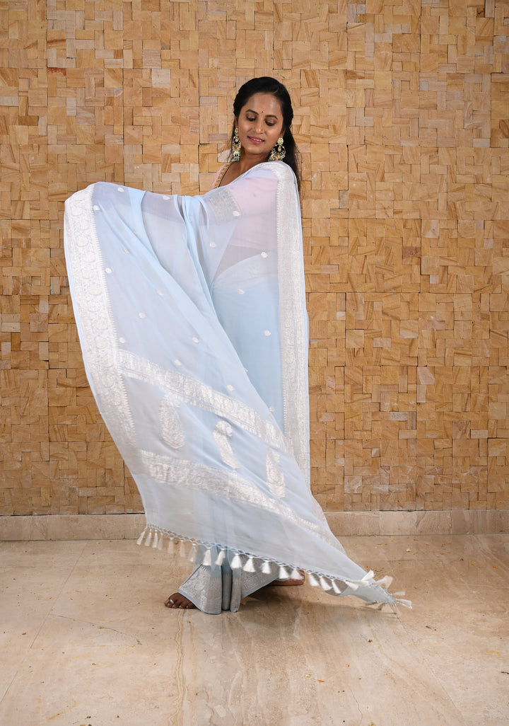 Powder Blue Pure Chiffon Silk Saree with Silver tone Zari Buttas and Border | SILK MARK CERTIFIED