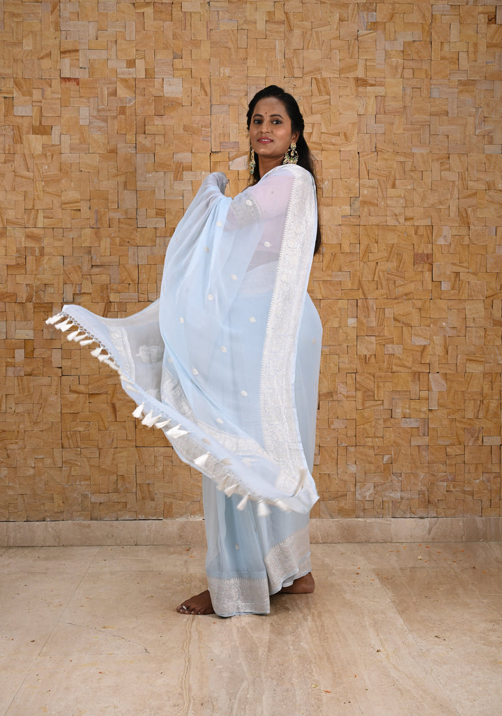 Powder Blue Pure Chiffon Silk Saree with Silver tone Zari Buttas and Border | SILK MARK CERTIFIED
