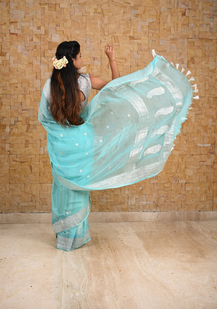 Lagoon blue Pure Chiffon Silk Saree with Silver tone Zari Buttas and Border | SILK MARK CERTIFIED