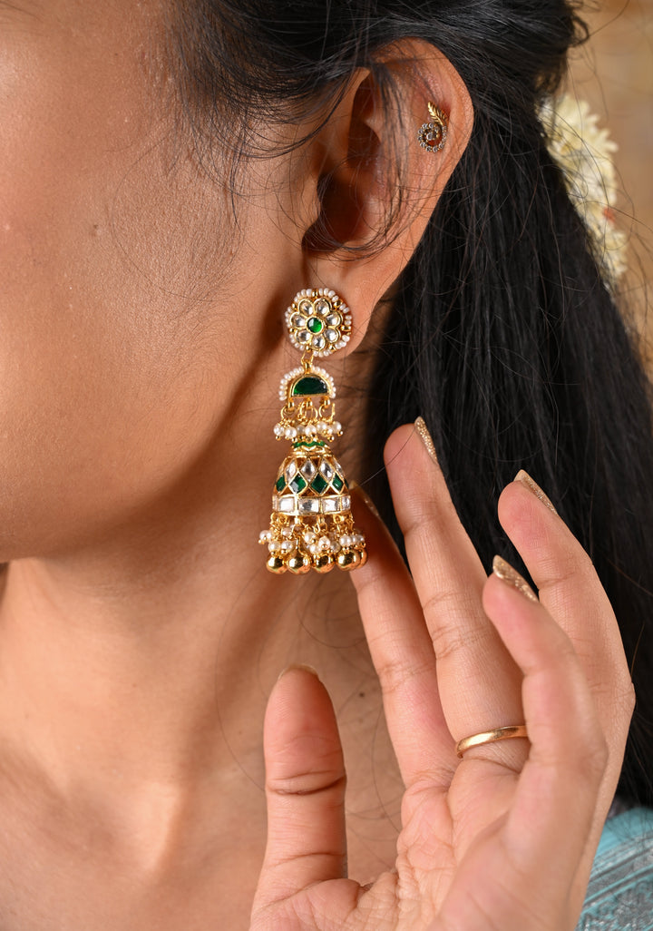 Ahmedabadi Jadau Jhumkas With Gold Green And Pearl Embellishments