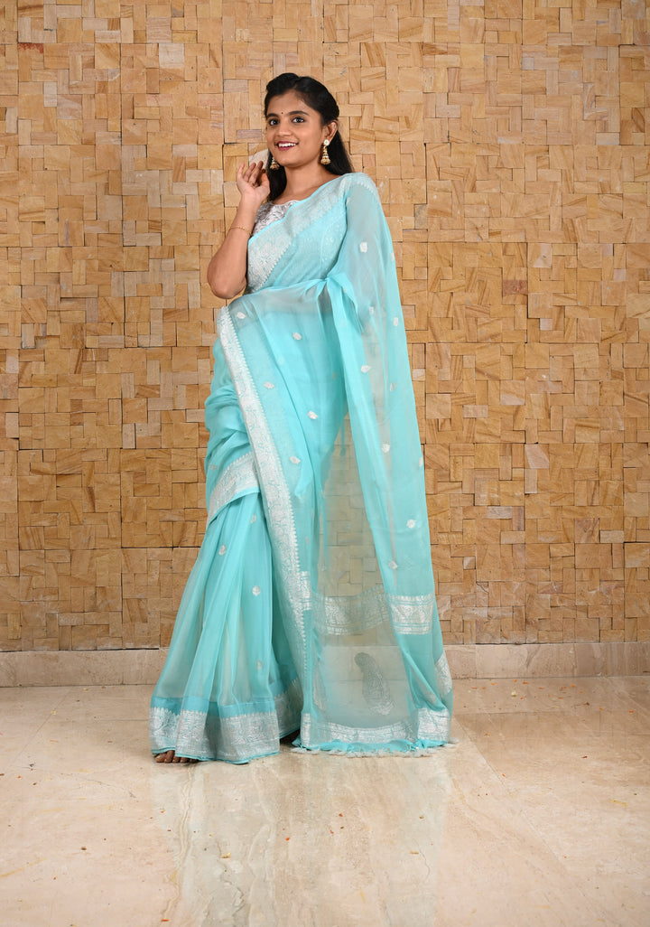 Lagoon blue Pure Chiffon Silk Saree with Silver tone Zari Buttas and Border | SILK MARK CERTIFIED