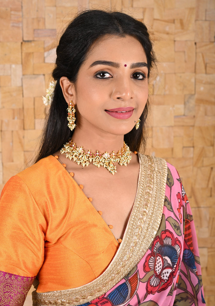 Blooming Lotus Design Necklace Set in Pink and Dangling Pearls