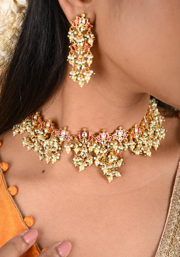 Blooming Lotus Design Necklace Set in Pink and Dangling Pearls