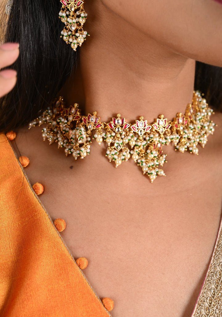 Blooming Lotus Design Necklace Set in Pink and Dangling Pearls