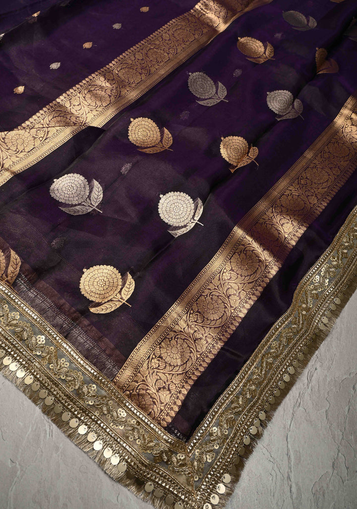 Eggplant Purple Organza Silk Saree with Sona Rupa Buttis and Fancy Lace Trim Border | SILK MARK CERTIFIED