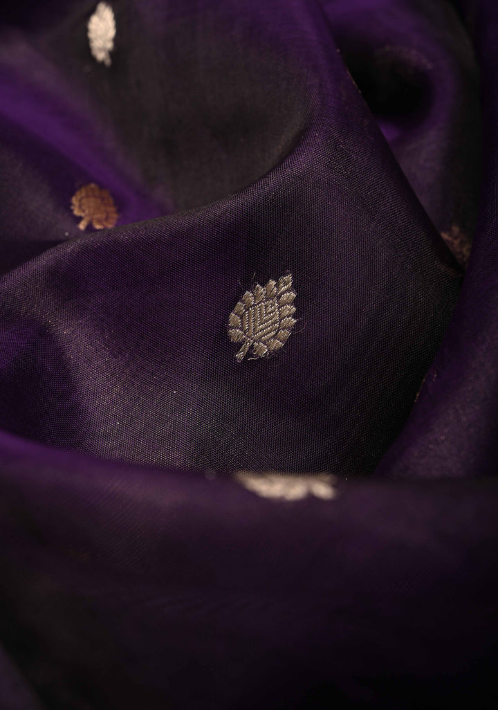 Eggplant Purple Organza Silk Saree with Sona Rupa Buttis and Fancy Lace Trim Border | SILK MARK CERTIFIED