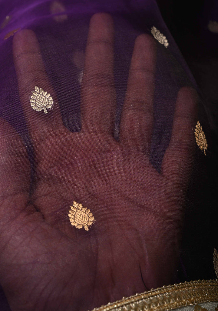 Eggplant Purple Organza Silk Saree with Sona Rupa Buttis and Fancy Lace Trim Border | SILK MARK CERTIFIED