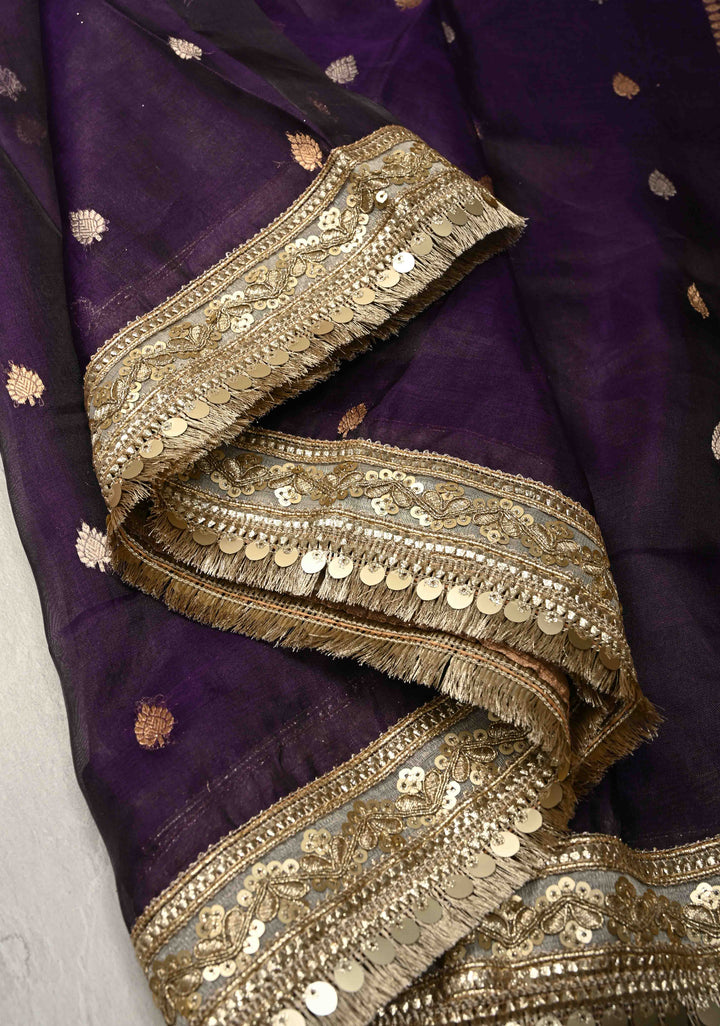 Eggplant Purple Organza Silk Saree with Sona Rupa Buttis and Fancy Lace Trim Border | SILK MARK CERTIFIED
