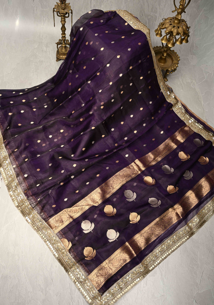 Eggplant Purple Organza Silk Saree with Sona Rupa Buttis and Fancy Lace Trim Border | SILK MARK CERTIFIED