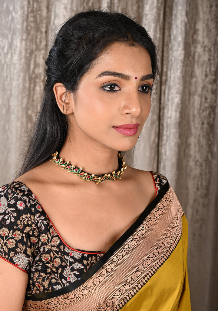 Peacock Choker Set With Kundan Stone in Black Thread And Matching Earrings