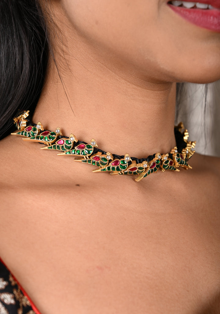Peacock Choker Set With Kundan Stone in Black Thread And Matching Earrings