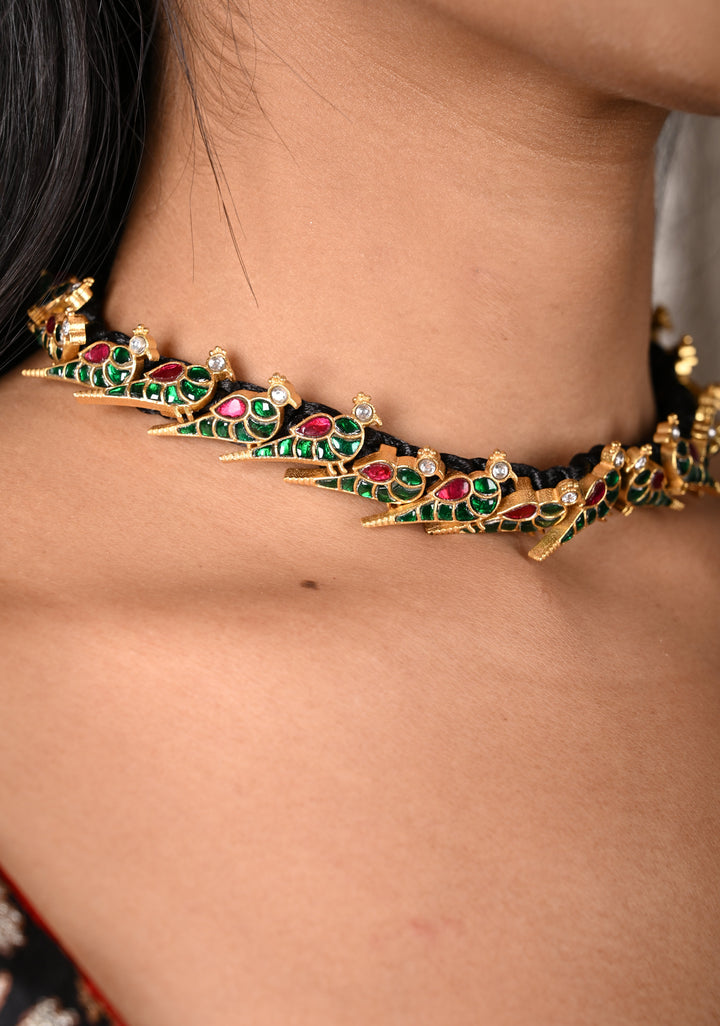Peacock Choker Set With Kundan Stone in Black Thread And Matching Earrings