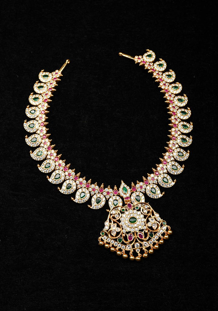 925 Silver Stone Studded Mango necklace with Pendent, 24 Kt Gold plated