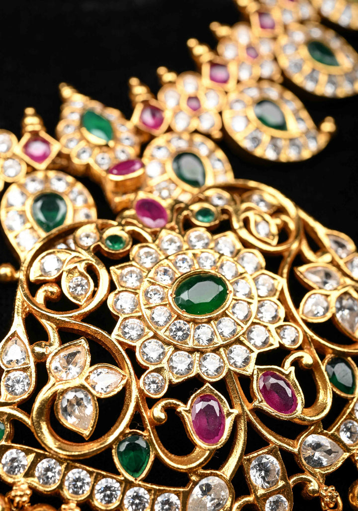 925 Silver Stone Studded Mango necklace with Pendent, 24 Kt Gold plated