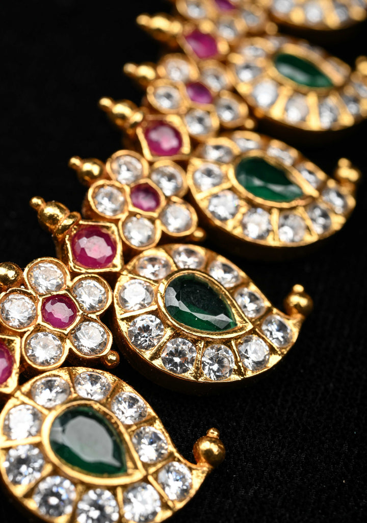 925 Silver Stone Studded Mango necklace with Pendent, 24 Kt Gold plated