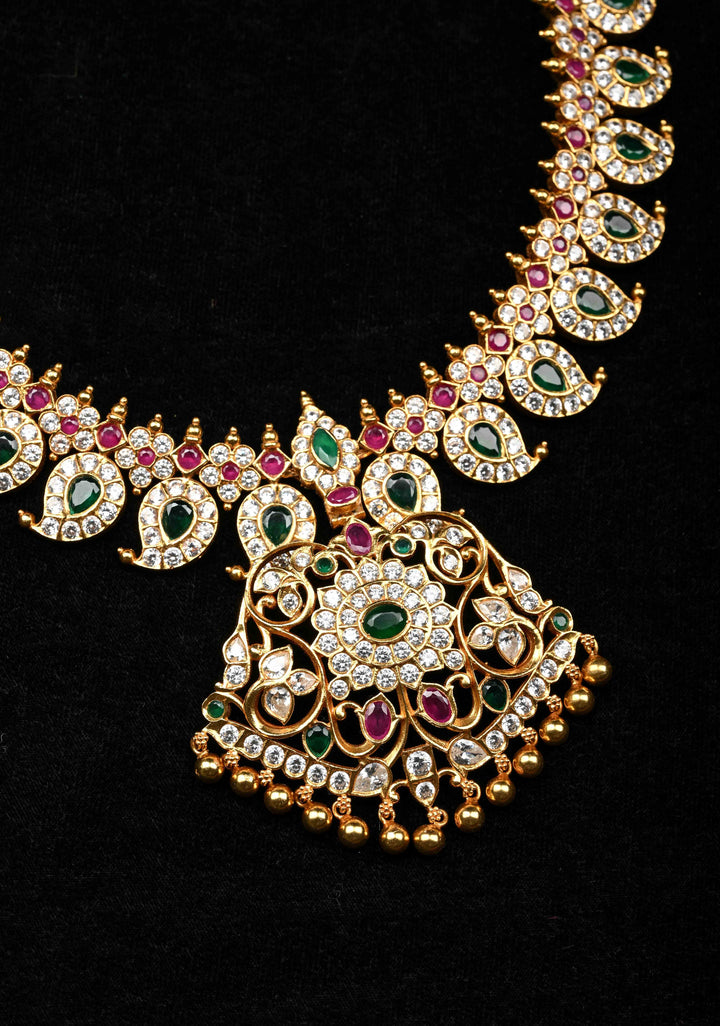 925 Silver Stone Studded Mango necklace with Pendent, 24 Kt Gold plated