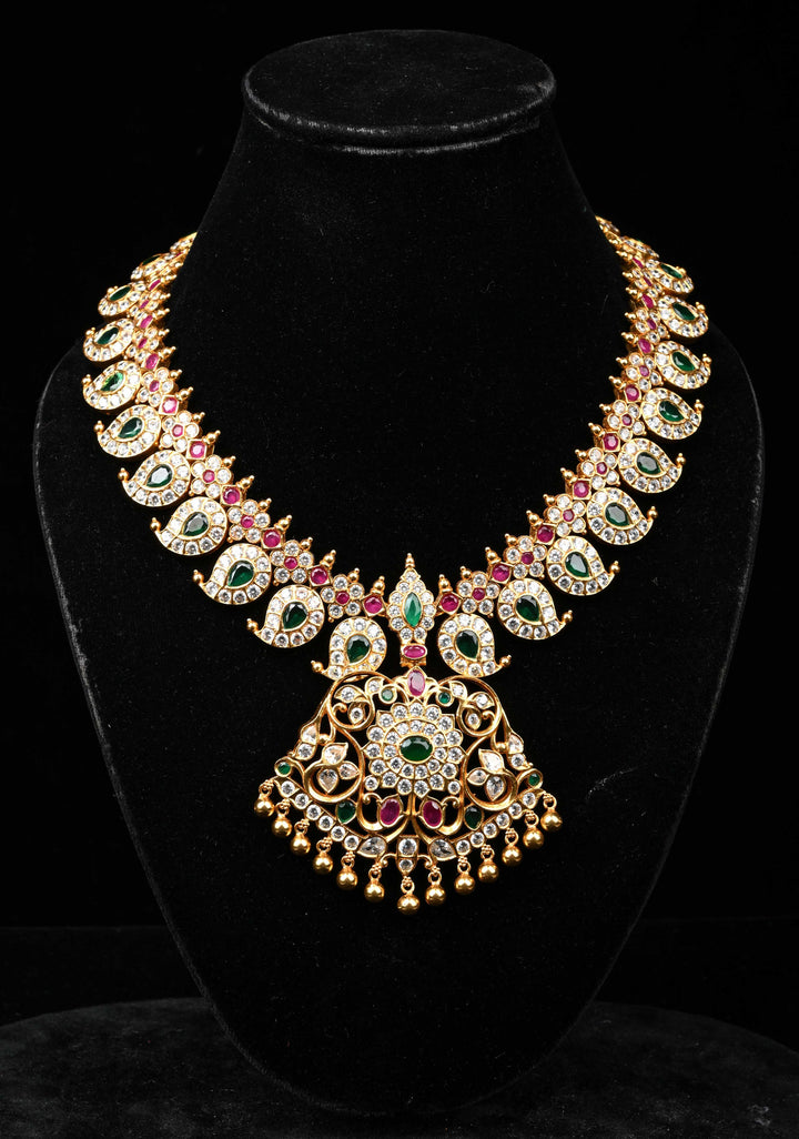 925 Silver Stone Studded Mango necklace with Pendent, 24 Kt Gold plated