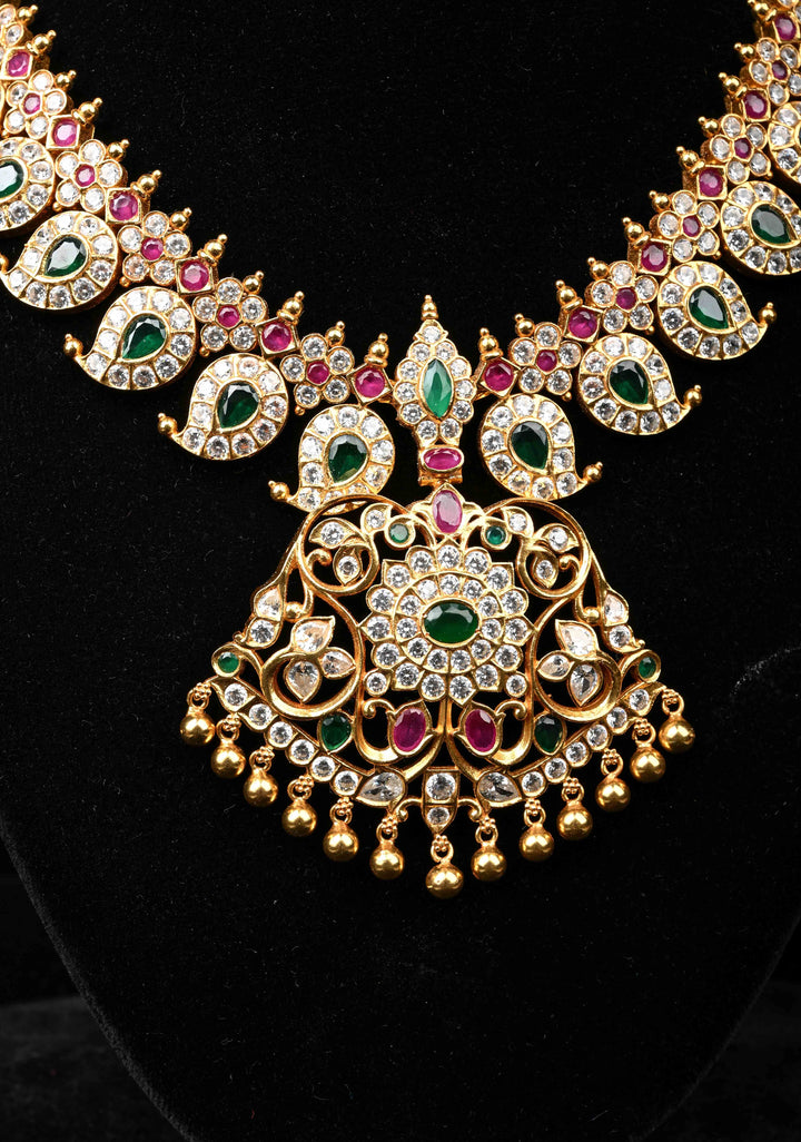 925 Silver Stone Studded Mango necklace with Pendent, 24 Kt Gold plated