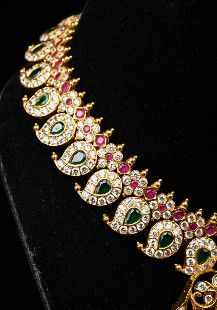 925 Silver Stone Studded Mango necklace with Pendent, 24 Kt Gold plated