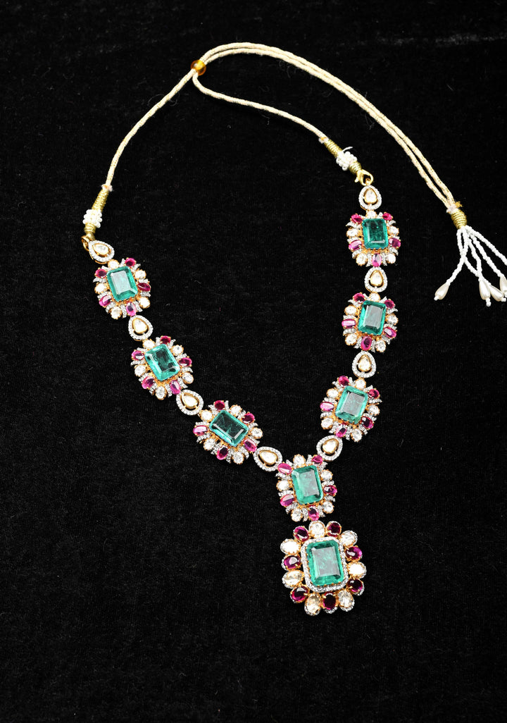 Pure 92.5 silver Green pink and white Victorian Short Necklace Set