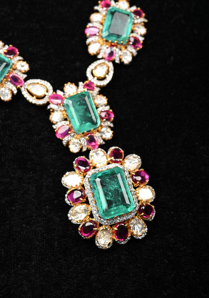 Pure 92.5 silver Green pink and white Victorian Short Necklace Set