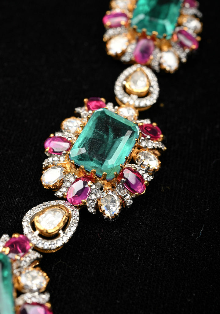 Pure 92.5 silver Green pink and white Victorian Short Necklace Set