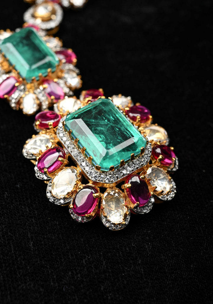 Pure 92.5 silver Green pink and white Victorian Short Necklace Set