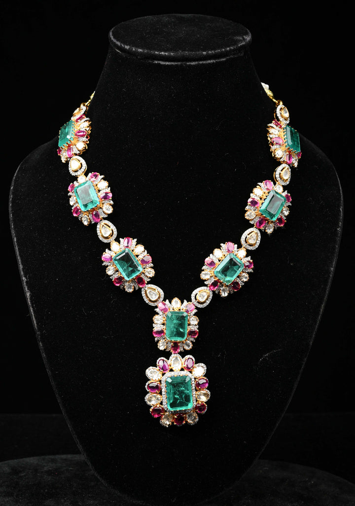 Pure 92.5 silver Green pink and white Victorian Short Necklace Set