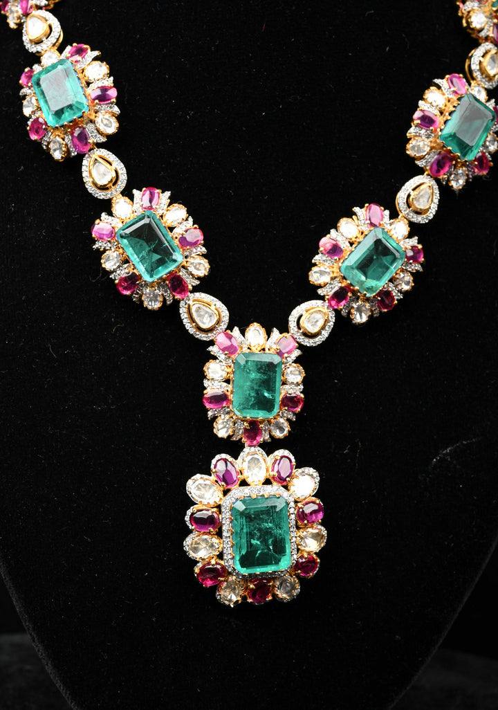 Pure 92.5 silver Green pink and white Victorian Short Necklace Set