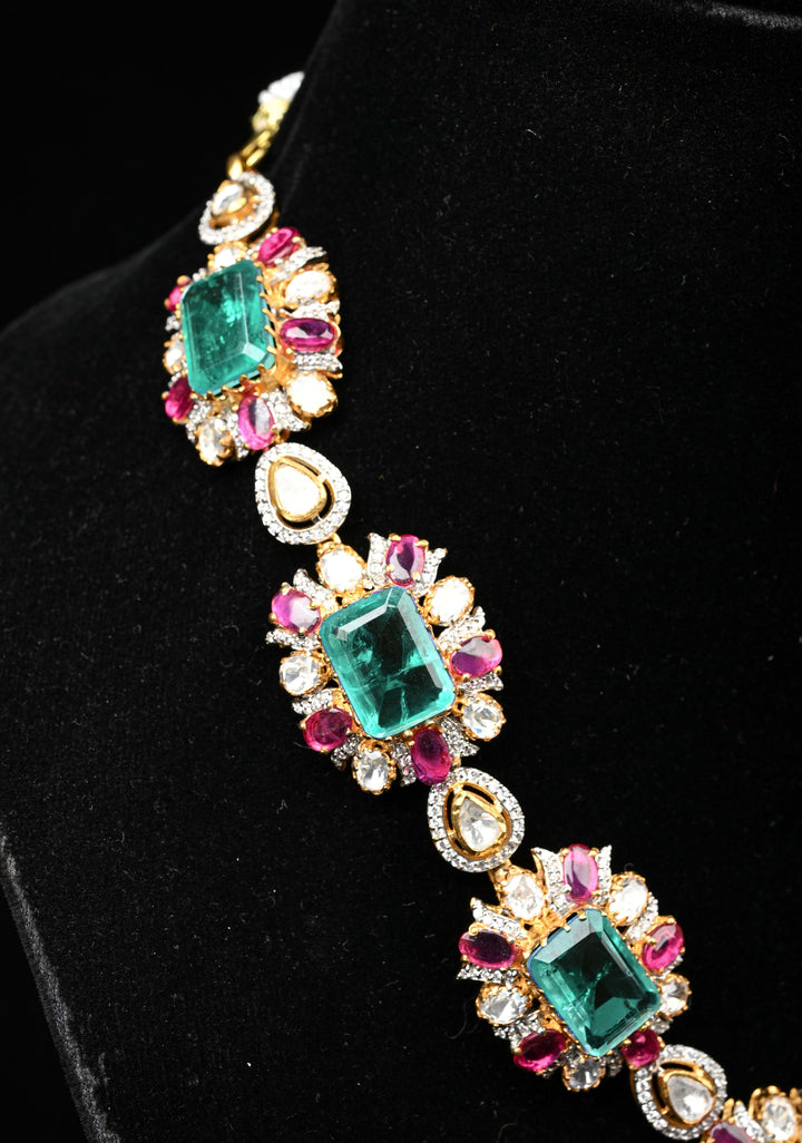 Pure 92.5 silver Green pink and white Victorian Short Necklace Set