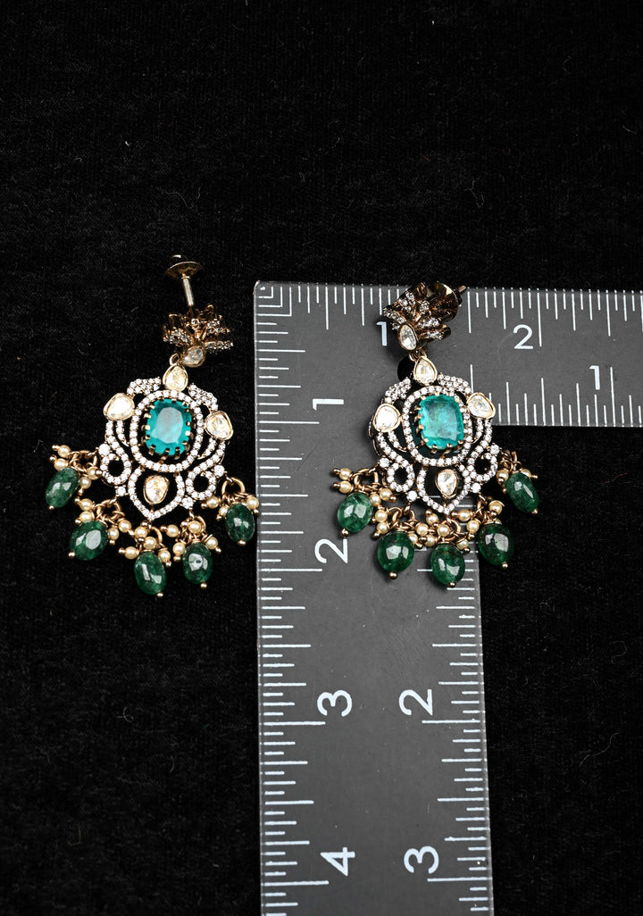 92.5 Silver 24 Ct Gold plated Victorian Earrings with Teal Stones