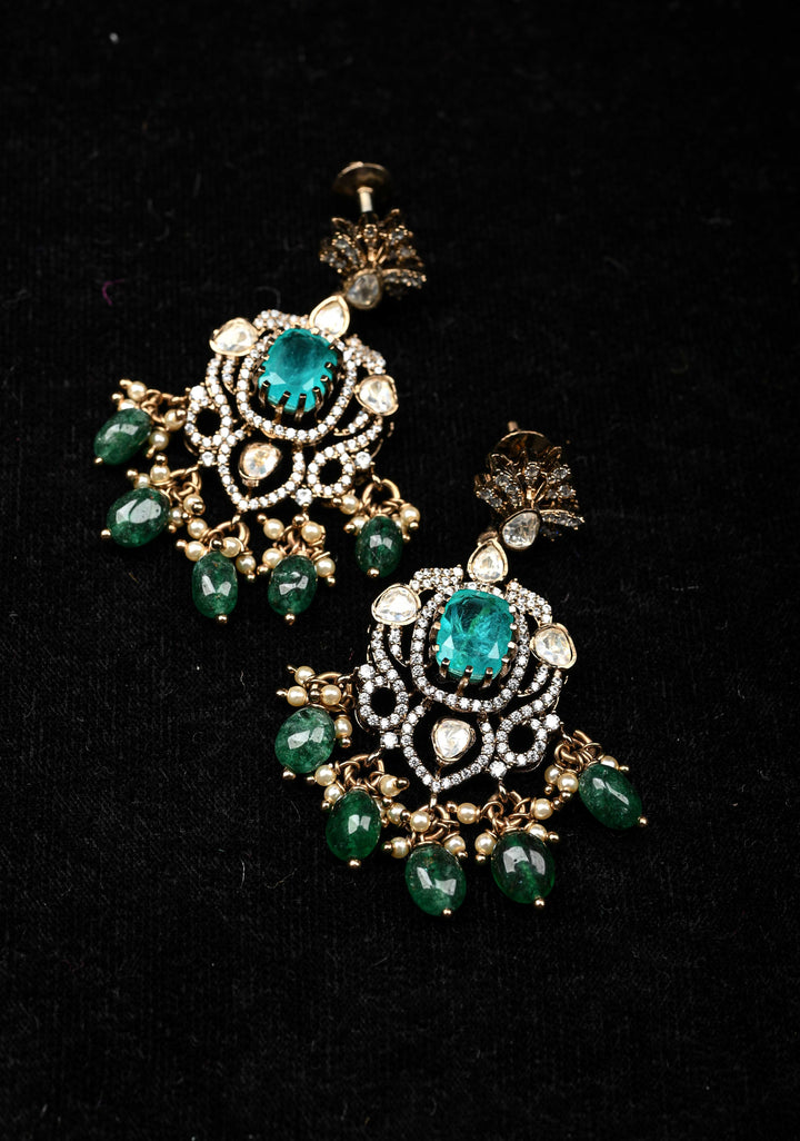 92.5 Silver 24 Ct Gold plated Victorian Earrings with Teal Stones