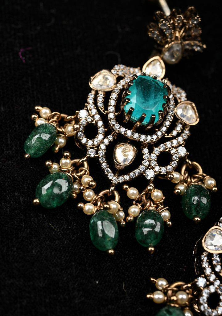 92.5 Silver 24 Ct Gold plated Victorian Earrings with Teal Stones