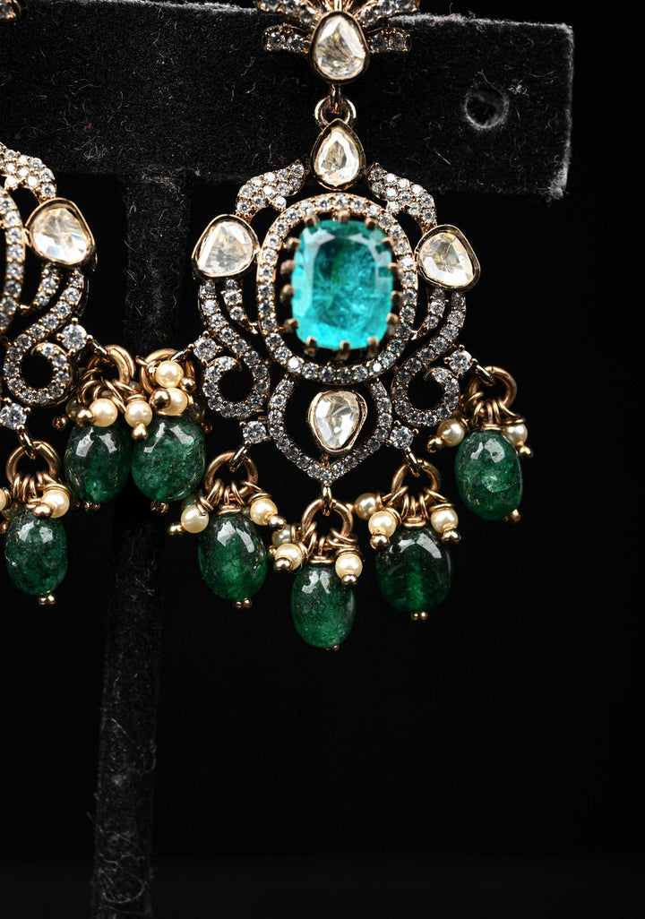 92.5 Silver 24 Ct Gold plated Victorian Earrings with Teal Stones