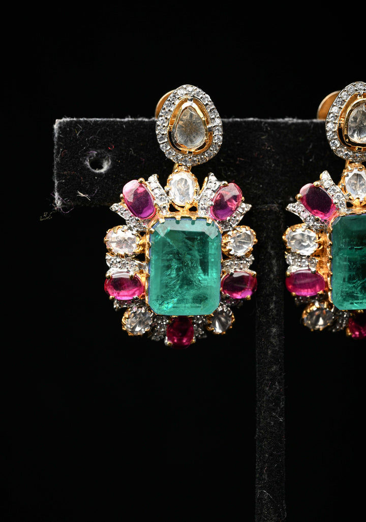 Pure 92.5 silver Green pink and white Victorian Short Necklace Set