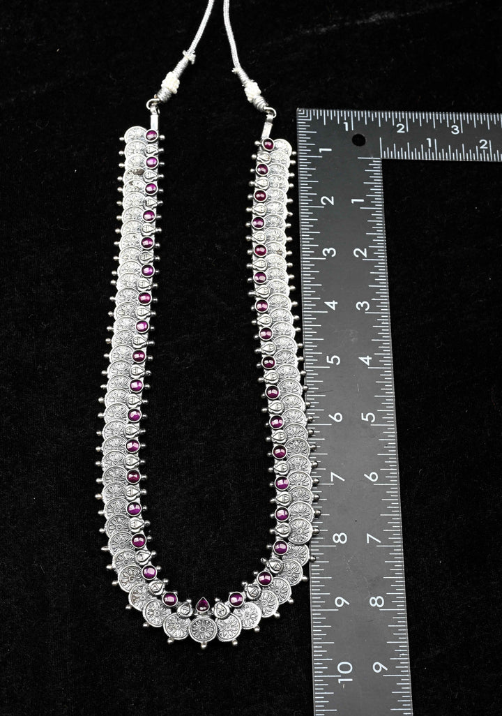 92.5  Silver Oxidized Kaasu Mala Coin Necklace with Pink Stone