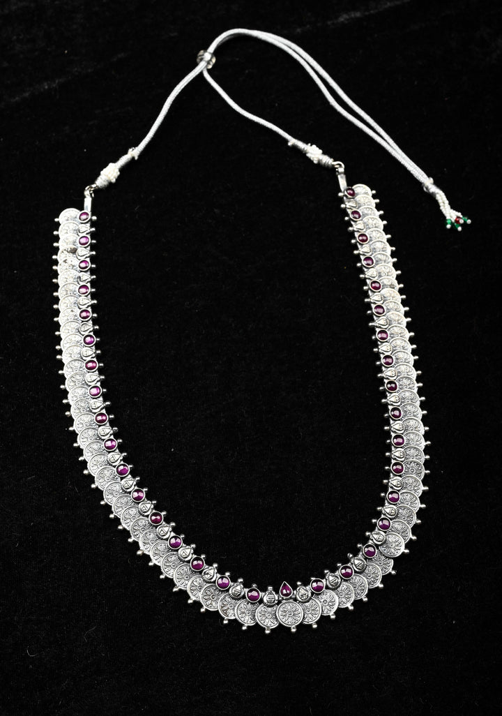 92.5  Silver Oxidized Kaasu Mala Coin Necklace with Pink Stone