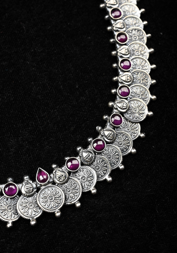 92.5  Silver Oxidized Kaasu Mala Coin Necklace with Pink Stone