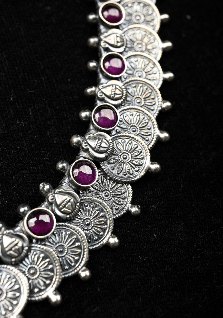 92.5  Silver Oxidized Kaasu Mala Coin Necklace with Pink Stone