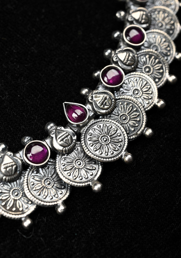 92.5  Silver Oxidized Kaasu Mala Coin Necklace with Pink Stone