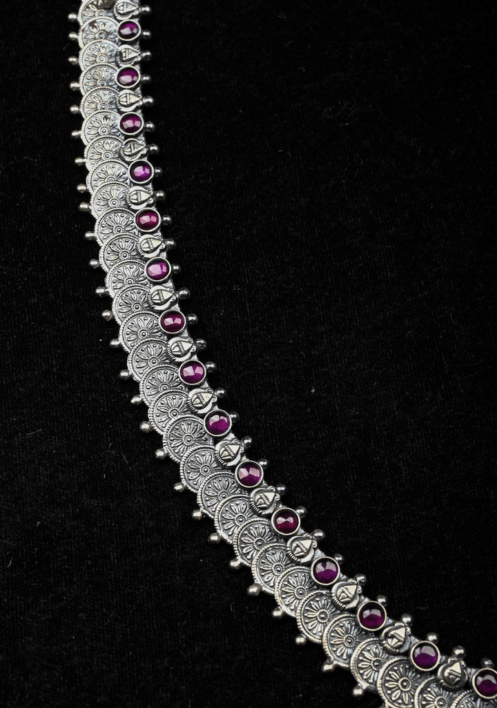 92.5  Silver Oxidized Kaasu Mala Coin Necklace with Pink Stone