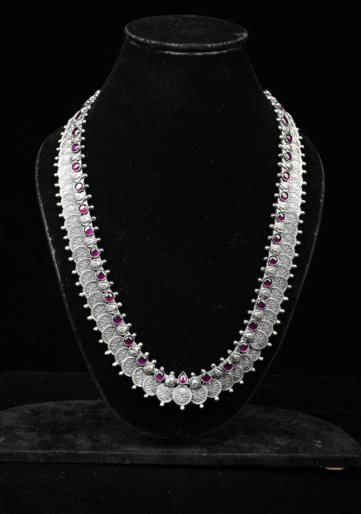 92.5  Silver Oxidized Kaasu Mala Coin Necklace with Pink Stone