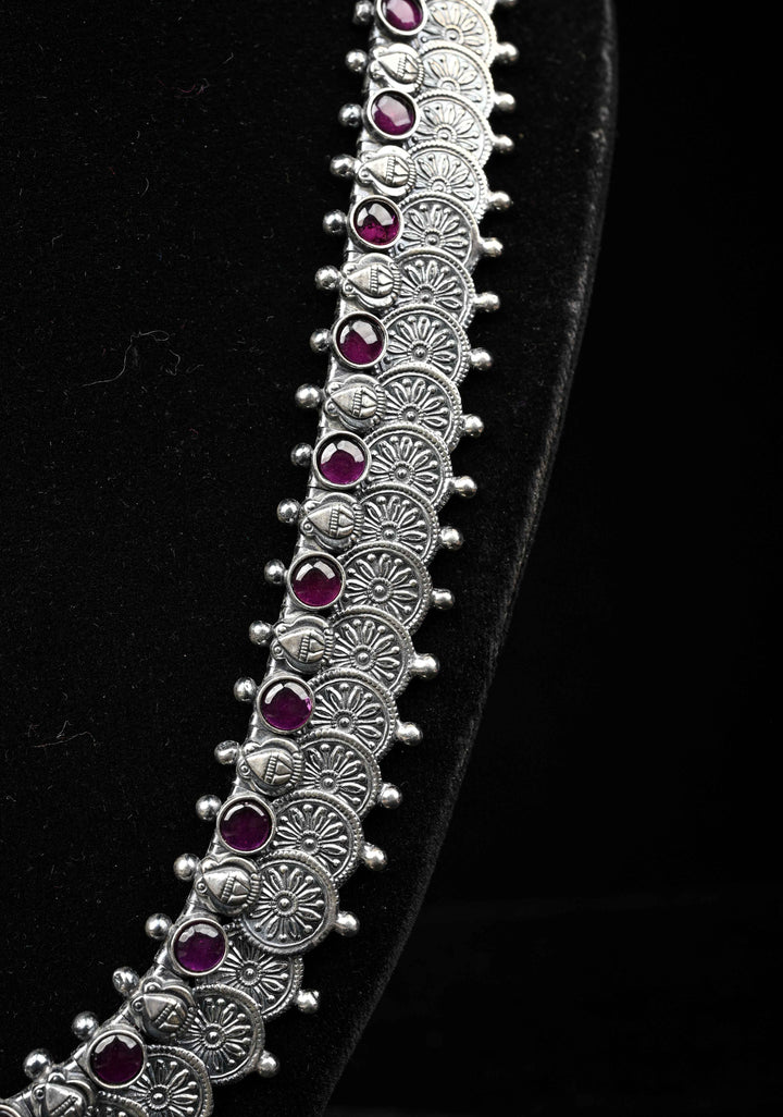 92.5  Silver Oxidized Kaasu Mala Coin Necklace with Pink Stone