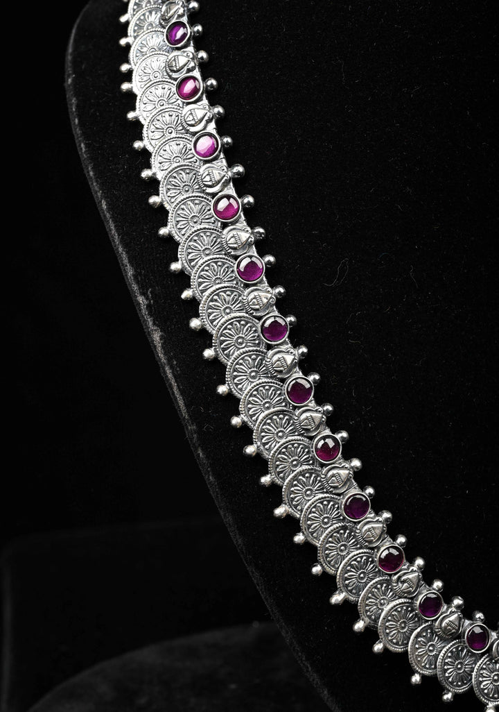 92.5  Silver Oxidized Kaasu Mala Coin Necklace with Pink Stone