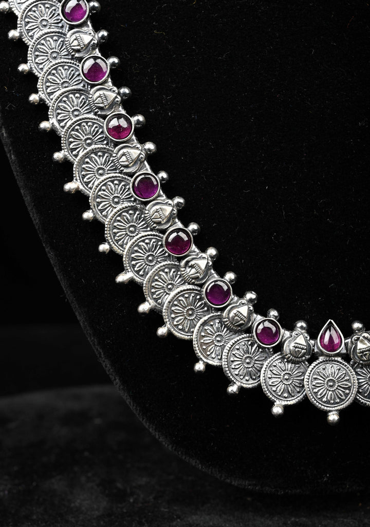 92.5  Silver Oxidized Kaasu Mala Coin Necklace with Pink Stone