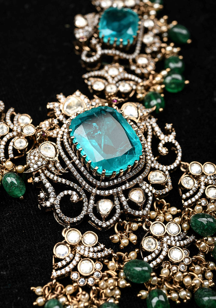 92.5 silver Victorian Short Necklace with Teal Stones