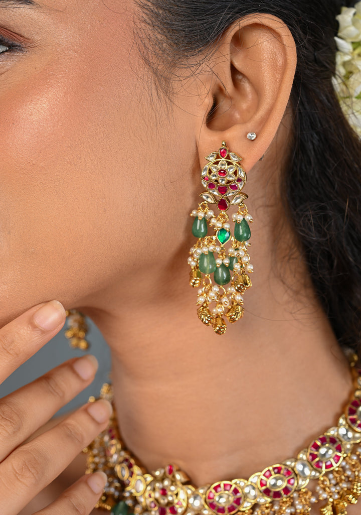 Ahmedabadi Jadau Kundan Necklace Set with Dangling beads