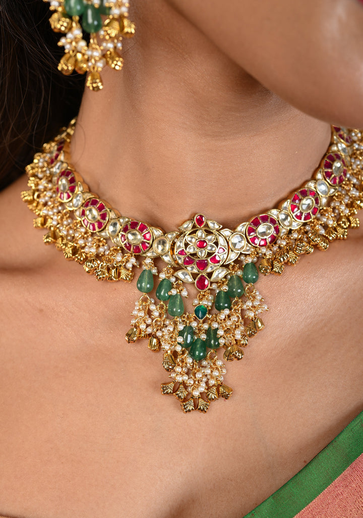 Ahmedabadi Jadau Kundan Necklace Set with Dangling beads